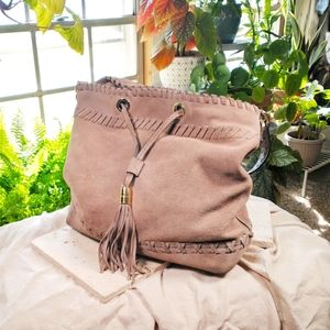 Milly Astor Whipstitch Genuine Suede Leather Bucket Bag Purse in Taupe